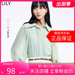 lily2024春女装复古珍珠，娃娃领小上衣泡泡，袖宽松垂感雪纺衬衫