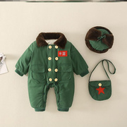 婴儿棉服东北军绿色连体衣，冬季新生儿衣服加绒1厚2岁宝宝哈衣保暖
