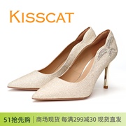 kisscat接吻猫2024春款细跟高跟鞋，尖头女鞋单鞋金色，水钻婚宴会鞋