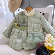 韩版女童小香风保暖套装，2024冬季女宝宝拼接外套短裤两件套潮