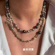 赫本印象丨法式混彩色珍珠花朵毛衣项链女双层叠戴轻奢锁骨链颈链