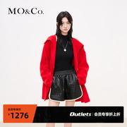 moco奥莱美丽诺羊毛，宽松连帽抽绳双面呢大衣，红色外套毛呢