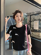 韩系可爱蝴蝶结短袖T恤夏季设计感宽松显瘦圆领黑色上衣女潮