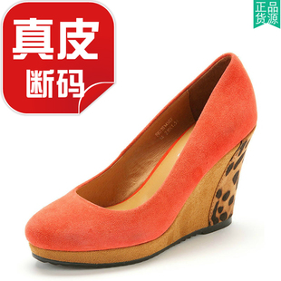 真皮女鞋子高坡跟(高坡跟，)品牌撤柜羊皮，单鞋水台桔红色绒面羊皮fb31s14503