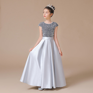 女童银色钢琴礼服演出服公主裙长款儿童圆领缎面浅灰色亮片表演裙