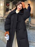 韩版中长款黑色娃娃领羽绒服，女2023年冬季加厚显瘦白鸭绒(白鸭绒)外套