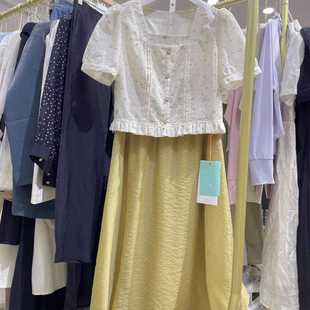 品牌折扣法式小香风碎花套装裙方领上衣黄色半裙两件套0232-39