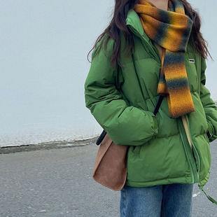 时尚绿色立领羽绒棉服女冬2023小个子韩版宽松百搭面包服