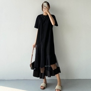 春季韩版黑色不规则拼接网纱短袖，连衣裙女宽松设计感小众长裙