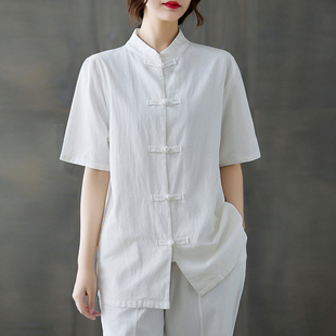 中式复古盘扣棉麻衬衫女短袖，白色开衫上衣，夏季宽松大码亚麻料小衫