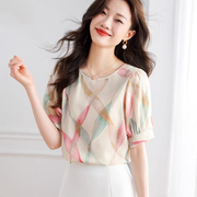 韩国高端气质圆领雪纺，t恤女夏季2024印花小衫女宽松显瘦短袖