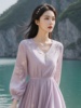 紫色雪纺连衣裙春秋女装超好看气质海边度假飘逸收腰绝美法式长裙