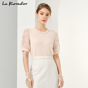 商场同款La Koradior拉珂蒂减龄钉珠冰丝蕾丝短袖修身针织衫夏