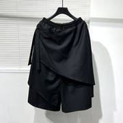夏季原创暗黑系个性斜边假两件宽松七分哈伦裤不规则潮流小众裙裤