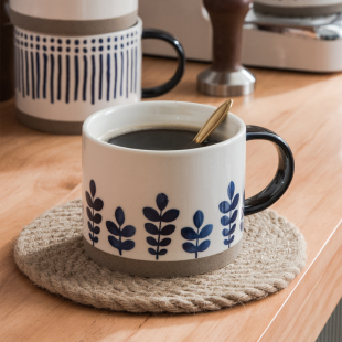 日式大容量早餐杯手绘粗陶马克杯，家用陶瓷杯咖啡杯牛奶燕麦杯水杯