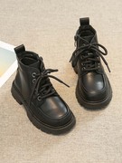 儿童马丁靴男童女童秋冬季单靴子(单靴子)加绒软底，英伦风黑色短靴皮靴童靴