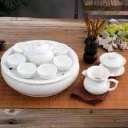 家用纯白功夫陶瓷茶具，套装带盖碗茶壶圆形，茶船储水茶盘组合