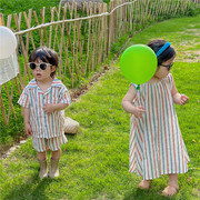 童兄妹装24夏款亲子家韩版套装条纹彩条背心裙短袖短裤两件套姐弟