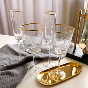 轻奢金边红酒杯彩色锤纹高脚杯香槟杯北欧三角酒杯样板装饰品杯子
