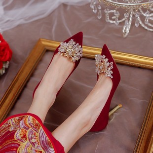 2023年夏中式秀禾服新娘结婚鞋女红色婚纱礼服细高跟鞋不累脚