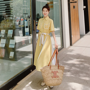 黄色连衣裙女雪纺拼接短袖甜美学院，风气质长裙名媛茶歇法式衬衫裙