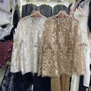 法式优雅刺绣花朵长袖衬衫，女夏季高级感圆领，镂空设计感蕾丝衫上衣