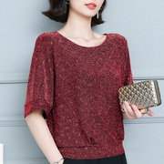 韩国红色蝙蝠袖t恤女短袖，夏季2024洋气，优雅亮丝宽松网纱上衣