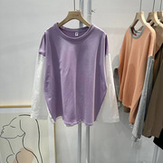 秋季韩版设计感洋气时髦个性拼接淡紫色简约衬衫长袖t恤女上衣棉