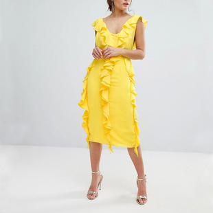 20夏季欧洲站尾货流行黄显白开背荷叶，边雪纺铅笔高个子(高个子)中长连衣裙