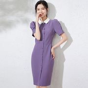 2024夏季法式气质高级感紫色连衣长裙小个子娃娃领裙子