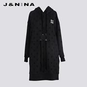 J＆NINA纯棉针织连帽卫衣裙连衣裙女秋冬加厚防风抗寒中长款外套