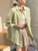韩版苎麻衬衫长袖女春夏防晒开衫，设计感中长款宽松polo领棉麻衬衣