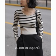 复古时髦黑白条纹针织衫女2022春秋法式气质收腰显瘦短款上衣