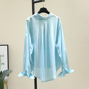 湖蓝色天丝棉薄款衬衫，女2024春季韩版设计感小众衬衣别致上衣