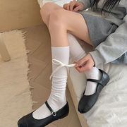 JK白色小腿袜女春秋薄款棉质条纹堆堆袜子甜美蝴蝶结灰色中筒袜