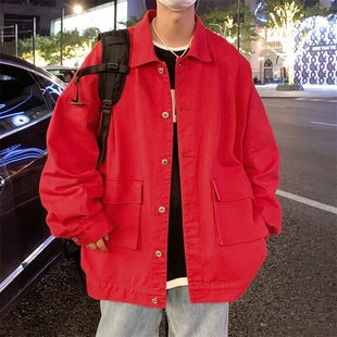 国潮oversize红色牛仔夹克男秋季美式vintage工装大口袋设计外套