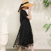 米可帛恩夏季原创设计棉针织珠片网纱拼接连衣裙女短袖黑色中长裙