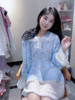 2022年韩国秋季娃娃领蕾丝，拼接钩花针织衫，宽松撞色中长款上衣