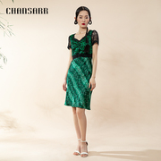香莎chansarr复古气质绿色，拼豹纹连衣裙，蕾丝拼接中腰短袖中裙
