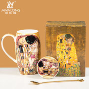 吻油画马克杯大容量骨瓷杯创意个性潮流陶瓷情侣对杯带盖勺礼盒装