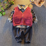 男宝宝秋装套装1-2岁男童长袖，格子衬衣4毛线，马甲5婴幼儿三件套潮