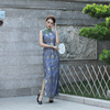 玫娅娣2022日常斜襟，老上海女式无袖，复古传统长款旗袍蓝