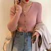 日系肉粉色毛衣女修身显瘦坑条长袖V领浅粉色针织衫开衫洋气外穿