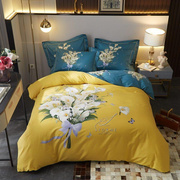 全棉纯棉家纺四件套斜纹，简约床单被套，植物花卉新中式春秋床上用品