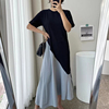 韩国chic夏季复古圆领撞色拼接设计感小众，宽松短袖荷叶边连衣裙女