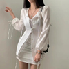 韩国chic夏季法式气质系带长袖条纹防晒衬衫+高腰包臀半身裙套装