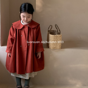 韩风女童高级感宽松中长款风衣秋季女宝宝翻领纯棉外套洋气