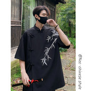 夏季改良新中式盘扣衬衫男短袖小众，竹子刺绣设计感复古中国风衬衣