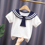 女童短袖t恤纯棉中大童学院，风夏季2022儿童，夏装白色海军领上衣潮9