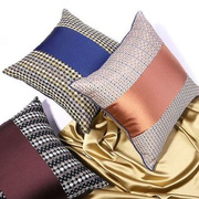 新中式沙发靠垫简约现代宝蓝酒红裸粉拼接腰，靠枕民宿样板间抱枕套